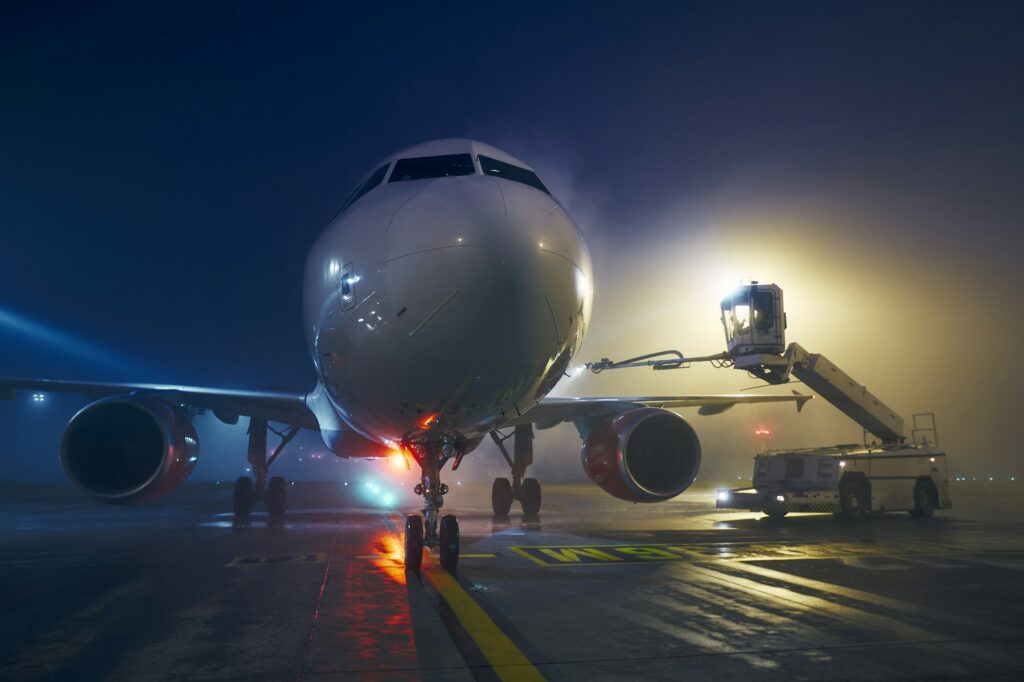 Deicing of airplane before flight